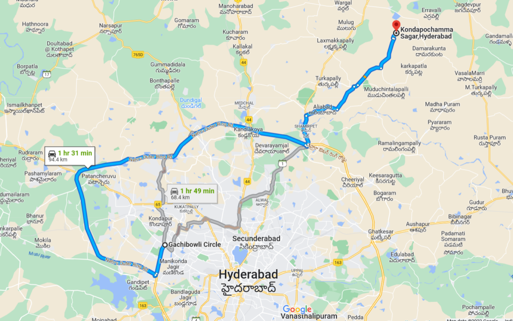 Map to reach Kondapochamma Sagar Reservoir 
roadtripsofindia