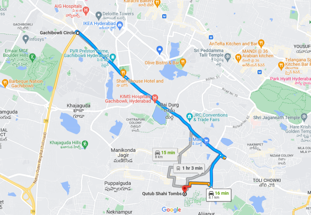 Map from Gachibowli to Qutb Shahi tombs
roadtripsofindia.com