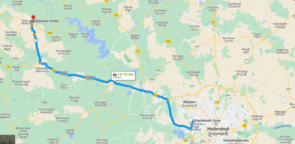 Map from Hyderabad to The Bahmani Tombs, Bidar
roadtripsofindia.com