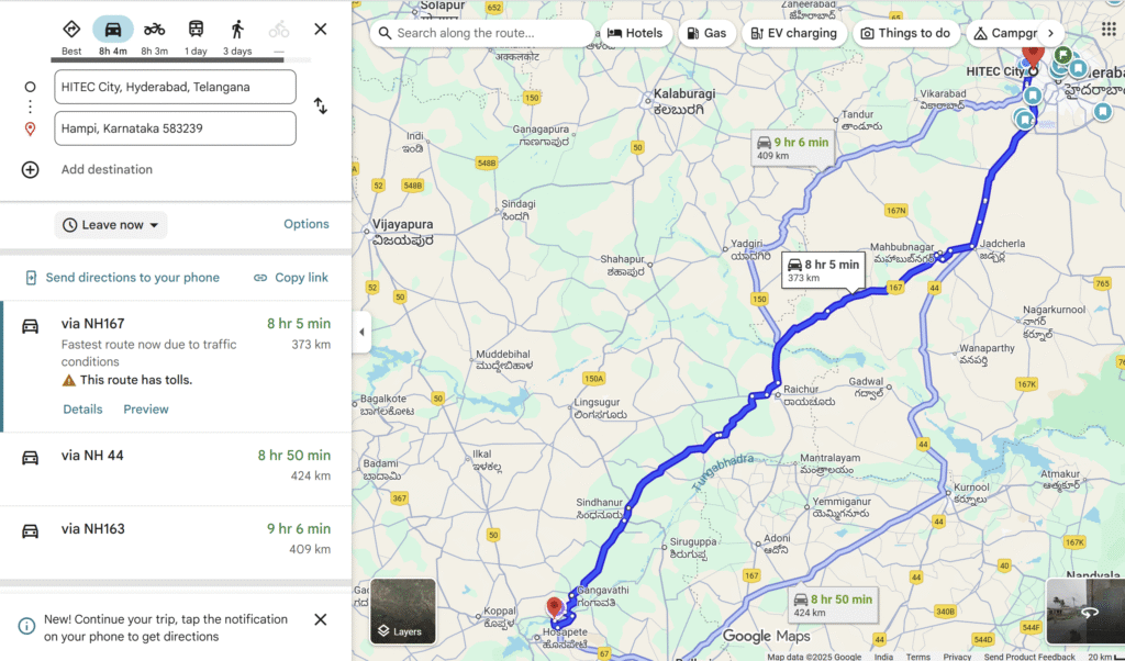 Hyderabad to Hampi Map 

roadtripsofindia.com
