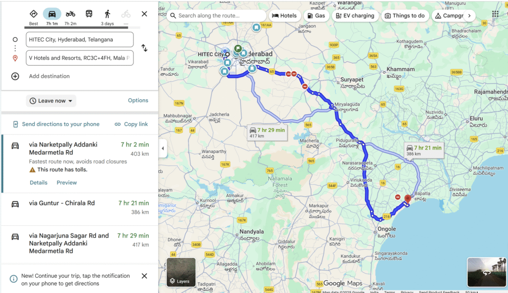 Hyderabad to chirala map
v hotels and resorts
roadtripsofindia.com