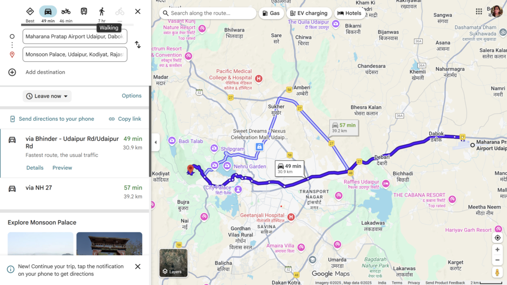 Monsoon Palace Udaipur map, roadtripsofindia.com